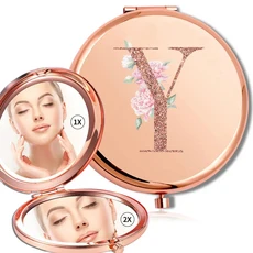 돋보기 메이크업 라운드 거울 양면 금속 화장품 휴대용 모양 유리 소형 휴대용 거울 로즈 골드 문자 패턴, Y