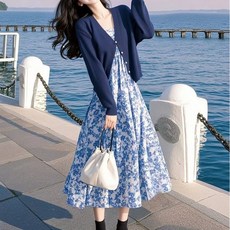 여성 원피스 숏 카디건+원피스 투피스 심플 루즈핏 프린트 원피스 니트 자켓 세트 27호 PL260201
