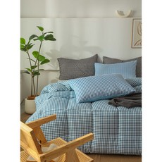 체크무늬 두꺼운 겨울 이불 봄 가을 겨울 3계절용 가정용 세탁 가능 이불, 파란색 작은 격자