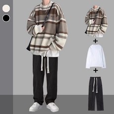 秋冬男士條紋毛衣三件套：加厚寬鬆休閒外套，多件式顯瘦時尚搭配