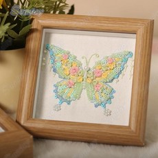 【Sunday】蝴蝶手工刺繡diy材料包繡品手工繡立體繡花珠繡 送女友生日禮物手工diy材料包手作禮物, 1個, [花間蝶-藍色]材料包＋相框,有繡繃