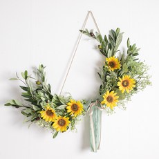 해바라기 조화 가랜드 올리브 벽장식 60cm 인테리어 꽃 벽걸이 소품 현관 금전화 풍수 개업 집들이, 조화갈란드