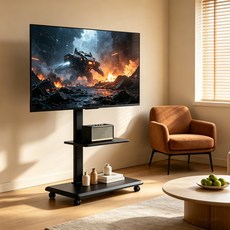 이동식 TV 스탠드 거치대 32-75인치 높이조절 수납 360도회전 65KG 하중 이동식 거치대, 1개, 블랙 1개, 블랙