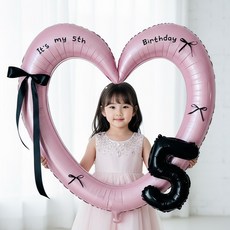 연지마켓 생일 하트프레임풍선 블랙 숫자 생일파티 용품 세트 (자유레터링), 1세트, 핑크하트 숫자 5
