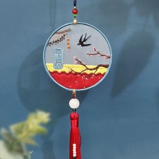 刺繡手工DIY材料包 平安符禦守掛件 含視頻教學與繡繃 推薦新手, 1個, 燕歸平安 送視頻敎程 ,無繡繃 自備12cm繡繃