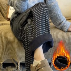 바지 가을 겨울 아우터 언밸런스 작은 키에 기모 플러스 두꺼운 겨울옷 스트라이프 와이드 팬츠