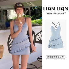 新款吊帶露背連體泳衣韓系ins花邊綁帶沙灘海邊度假溫泉性感泳裝, 綠色,L 【建議47.5-52.5公斤】