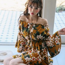 VERAF 露肩式花朵圖案連身短裙 952H