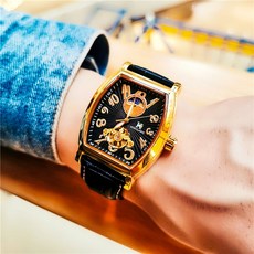 全自動機械 專櫃正品 酒桶型全自動機械表 男 夜光防水 陀飛輪 韓版時尚潮牌男表 個性商務休閒手表, 1個, 黑带金壳黑面