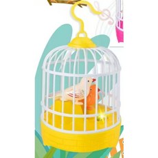 聲控互動學聲鳥籠 兩隻小鳥款 仿真聲光兒童玩具 復讀鳥 黃色, 1個