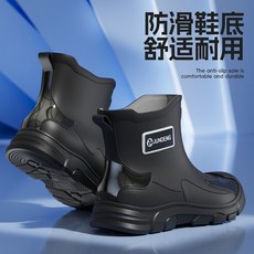 熱銷 時尚雨鞋新款男士防水防滑工作膠鞋耐磨軟底釣魚雨靴高檔男款 水鞋, 全黑424短筒-高度15cm【加棉】,39/40