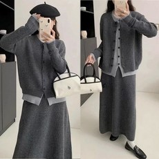 봄 가을 임산부 투피스 세트 가짜 투피스 임부 가디건 + 롱 스커트 세트 프렌치 임산복 세트 QXX