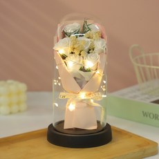 永生花玻璃罩擺件9朵玫瑰花束乾花520情人節送女友老婆生日禮物, 7朵玫瑰 白色  玻璃罩 燈串 手提袋 1個
