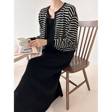 [에이블핏] 여성 봄 결혼식 빅사이즈 스트라이프 임산부 하객룩 투피스 가디건 원피스 세트 2Color