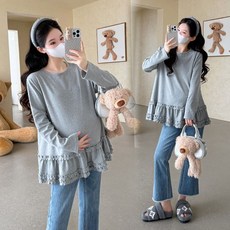 임산부 봄가을 긴팔 티셔츠 캐주얼 프릴 긴팔 티셔츠 편안한 스타일 레이어드 디자인 JS