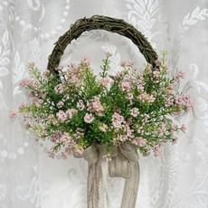 플라워레인 안개꽃 조화 원형 리스 스웨그 가랜드 벽장식 문장식, 핑크
