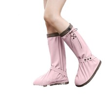 HANQI 防水雨鞋套PVC高筒防滑耐磨反覆成人女騎行登山男腳套加厚, 韓系粉