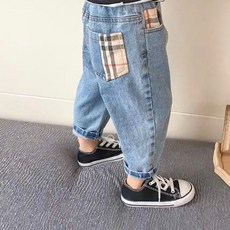 韓版經典格紋配色小童牛仔褲 現貨，舒適牛仔布料，時尚格紋設計