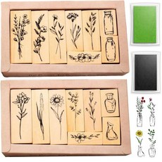 공예용 스탬프 18개 공예용 2가지 스타일 식물 고무 스탬프 그린 및 블랙 잉크 스탬프 나무 꽃, 공예용 스탬프 18개, 공예용 2가지 스타일 식물 고무