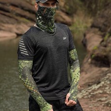 袖套 防曬手套釣魚冰絲袖套護臂男戶外透氣手套指長袖套護袖男面罩套裝, 三角套裝【面罩+冰袖】綠色, 1個