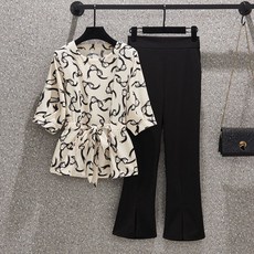 ORZQU여름 여성 세트 라운드 프린트 쉬폰 블라우스 허리 조임 분위기 나팔바지 캐주얼 투피스