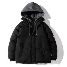 連帽針織假二件加絨短版棉服棉外套