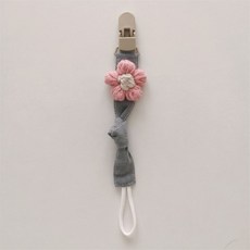 GoGraphy 手作編織奶嘴鏈, 小花布質奶嘴鏈-素面藍灰色/粉紅小花, 1個