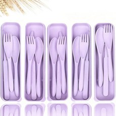 여행 기구 세트 - 재사용 가능한 밀짚 플라스틱 커틀러리 5세트 케이스 휴대용 포크 스푼 및 나이프 세트 친환경 BPA 프리 매일 사용 (다크 그린 오렌지 옐로우 퍼, 5 퍼플