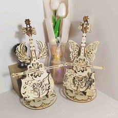 八音盒DIY禮物 木質積木拚裝音樂盒手工diy製作大提琴生日禮物 送女生木質音樂盒 手工木質音樂盒 創意禮物, 天使款[琴絃翅膀都會動],[鳥之詩]音樂盒