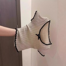 해피유통 하이넥 반팔 상의 여성 리본 포인트 슬림핏 티셔츠