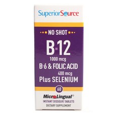 Superior Source No-Shot B-12 1000mcg B-6 和葉酸 400mcg 加硒片, 60顆, 1盒