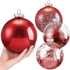 SHAPPY 해피 4피스 15.2cm(6인치) 대형 투명 플라스틱 크리스마스 볼 장식품 장식 공 전구 세트 트리 장식용 봉제 섬세한 (레드) 295116, SHAPPY 해피 4피스 15.2cm(6인치) 대형 투