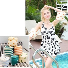 휴대용 물놀이 팔튜브 안전 암튜브 수영 보조 도구, 그린 줄무의, 1개