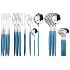 Uniturcky 실버 실버웨어 세트 24피스 스테인리스 스틸 플랫웨어 서비스 거울 광택 블랙 핸들 식기 커틀러리 나이프 포크 스푼 가정 레스토랑용 식기세척기 265244, 블루 실버