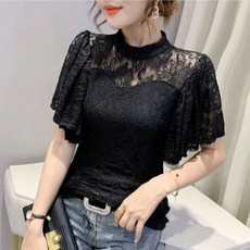 하이넥레이스반팔 라인댄스복 반팔레이스 공연블라우스 스포츠 무용 라틴댄스복 상의 제품, 13.검정 XL
