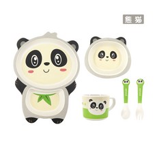 YIChu 寶寶竹纖維長頸鹿卡通分格餐盤套裝，兒童餐具可愛輔食碗，安全無毒環保材質, 熊貓5件套, 1個