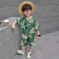 賣場優選新款可愛童裝兒童套裝男童短袖襯衫2025夏裝韓版寶寶沙灘度假風襯衣兒童海邊洋氣兩件套