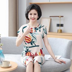 棉綢睡衣女夏季薄款短袖媽媽寬鬆家居服兩件套