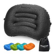 BreezCamp 공기 주입식 캠핑 베개 여행용 블로우 업 에어 목 요추 지지 초경량 컴팩트 야외 하이킹 배낭여행 자동차 해변 비행기 수면 필수품 블랙, 블랙.