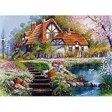 일본 직배송 OWN4B 크로스 스티치 자수 키트 패턴 인쇄 11ct 다채로운 꽃 초보자를 위한 쉬운 세트 14x18인치, 12)house