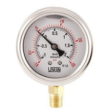 Unijin P251 시리즈 6.4cm2.5인치 다이얼 오일 충전 압력 게이지 황동 내부 0-300 PSI/kPa ±1.6% 정확도 0.6cm1/4인치 NPT 하단, -15HG-30 PSI, 1개