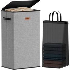 Vexalora 뚜껑이 있는 100L 세탁 바구니 탈착식 가방이 있는 대형 옷 바구니 욕실 침실 세탁실 기숙사용 접이식 세탁 바구니 그레이, Vexalora 뚜껑이 있는 100L 세탁 바구니, 탈, 베이지