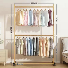 雙層晾衣架，100公分寬，182公分高, 輕奢金-26圓管雙層收納長80CM公分【地腳款】