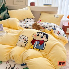 貓嶼蠟筆小新牛奶絨床上四件套冬季兒童加厚珊瑚絨床包床笠款, 小新的夥伴-黃,1.5m床單款四件套