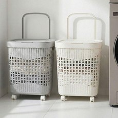 이동식 바퀴 손잡이가 있는 통풍 좋은 메쉬 뚜껑덮개 세탁 빨래바구니 45L, 그레이