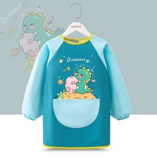 長袖防水罩衣圍兜 幼稚園美術衣 防髒可愛畫畫衣 吃飯罩衣, 恐龍蛋.恐龍【深淺綠色系】,120 中碼（建議年齡4~6歲）