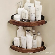 胡桃木衛生間架子置物架浴室廁所淋浴洗手間免打孔收納角籃三腳架, 1個, 黑胡桃木-標準款, 1層