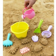 DFMEI 兒童沙灘玩具拉車套裝水桶鏟子戲水玩沙挖沙工具, 1個, 1g, 軟膠糖果色水桶套裝7件:如圖