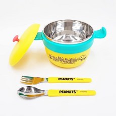 Peanuts 史努比 304不鏽鋼兒童餐碗, 1個, 注水加熱碗附叉匙-黃色, 黃色