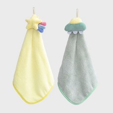 掛式擦手巾 可愛卡通加厚珊瑚絨吸水速乾擦手巾 廚房衛生間家用擦手帕, [兩條裝]綠色ufo+黃色流星, 1個